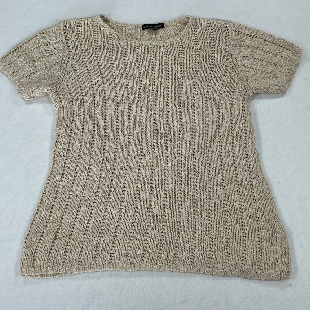 Carolyn Taylor Womens Short Sleeve Pointelle Knit Sweater Beige Gold Metallic S